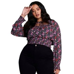Forever 21+ Tie Neck Floral Flounce Sleeve Blouse Size 0X